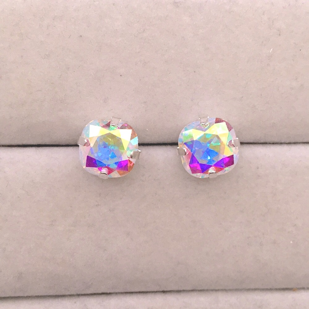 Aurora Borealis + Silver Cushion Cut Crystal Earrings - Picture 7 of 7